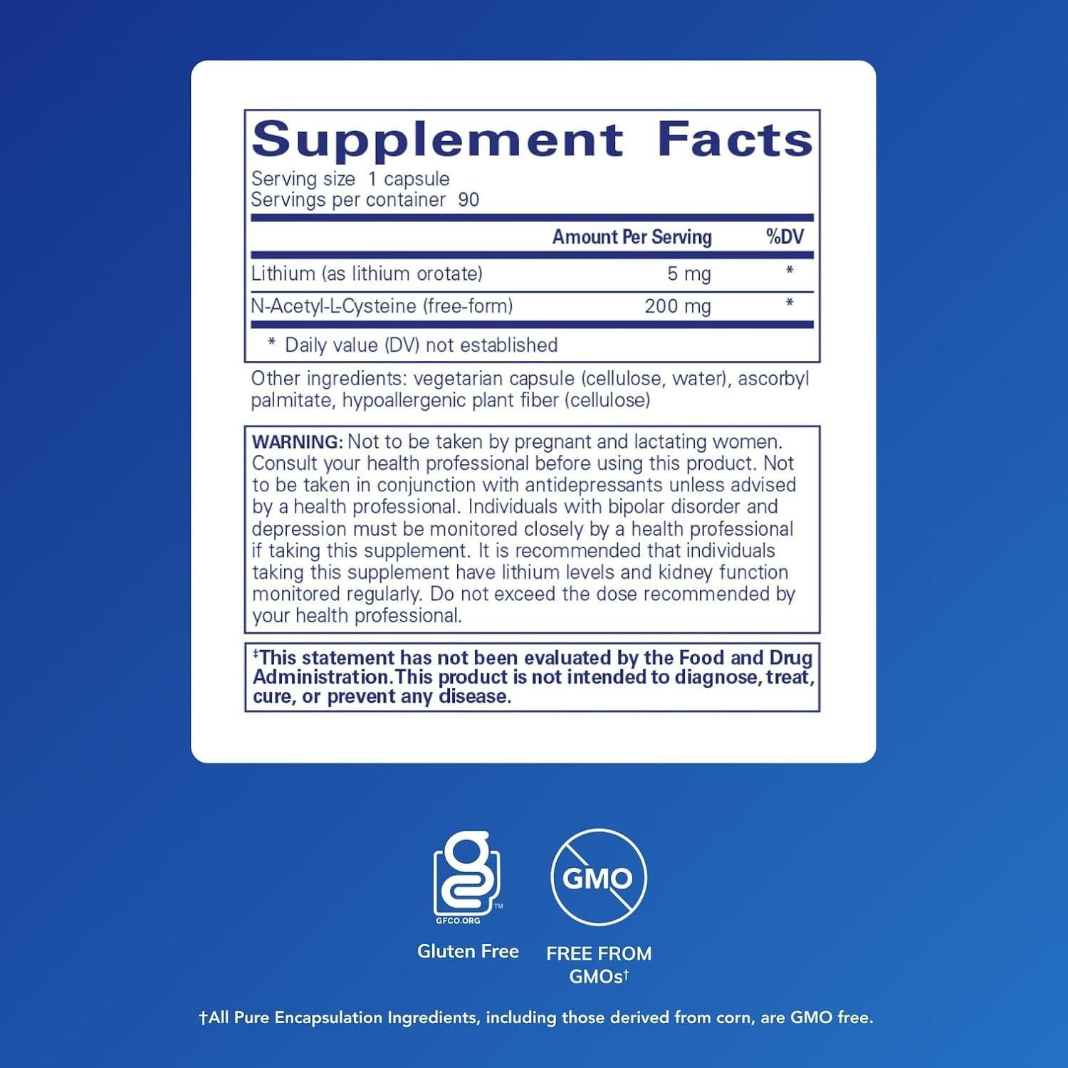 Suplemento Cerebral Litio Orotato Pure Encapsulations 5 mg - 90 Cápsulas