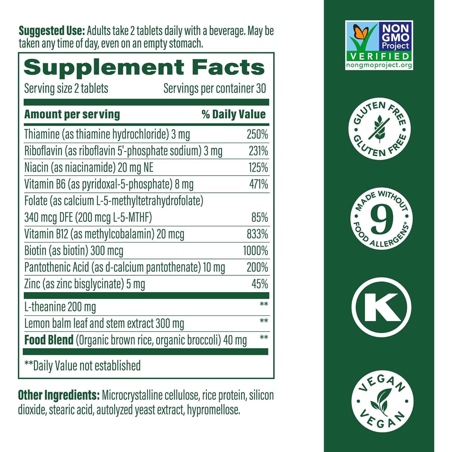 Suplemento L-Teanina 200 mg MegaFood con Vitaminas B - 60 Tabletas