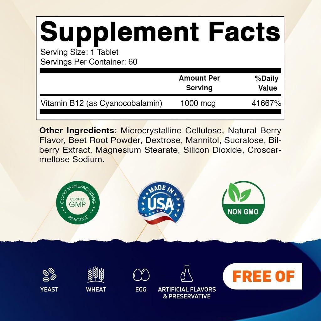 Vitamatic Vitamina B12 1000 mcg Rápida - 60 Tabletas Sabor Frutos Rojos