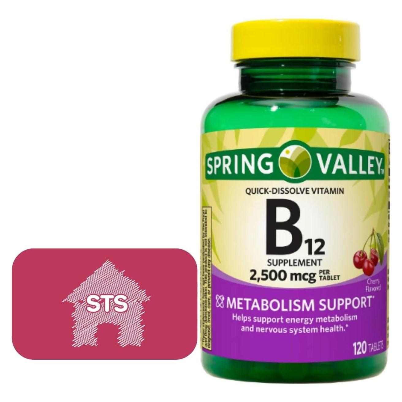 Tabletas de Vitamina B12 Rápida Spring Valley 2500 mcg Cereza 120 Unidades