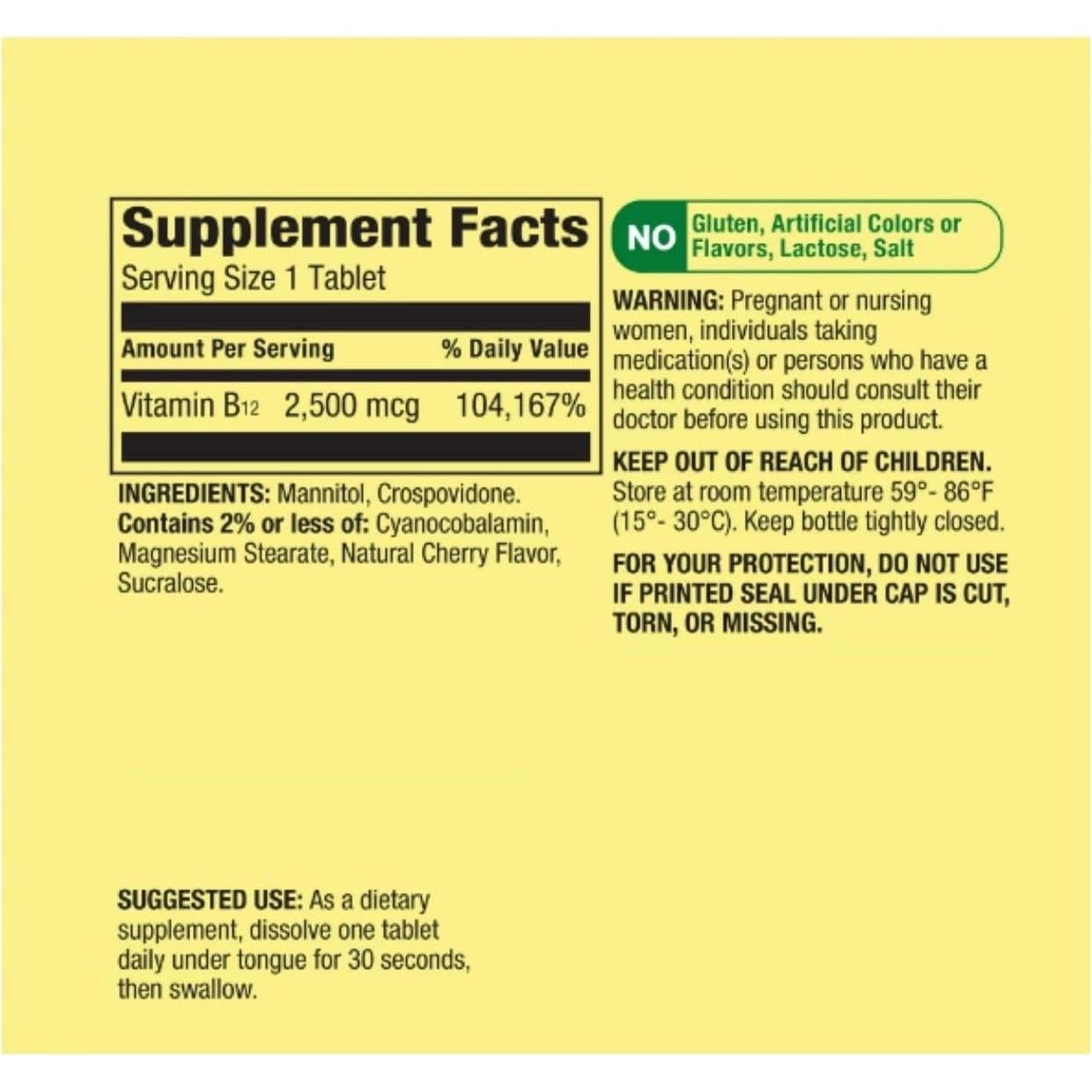 Tabletas de Vitamina B12 Rápida Spring Valley 2500 mcg Cereza 120 Unidades