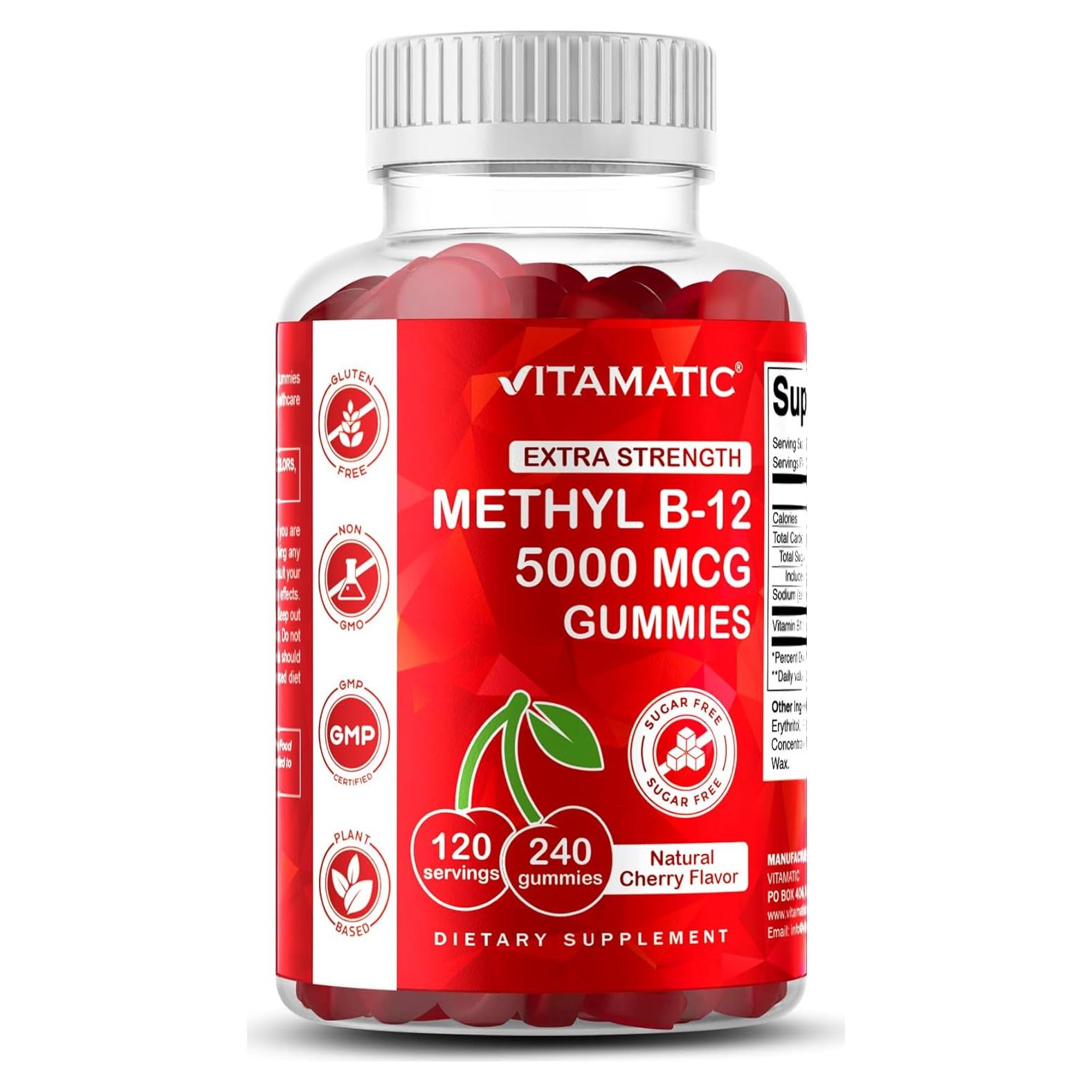 Vitamatic Gominolas de Vitamina B12 Extra Fuerte 5000 mcg - 240 Unidades, Sabor Cereza