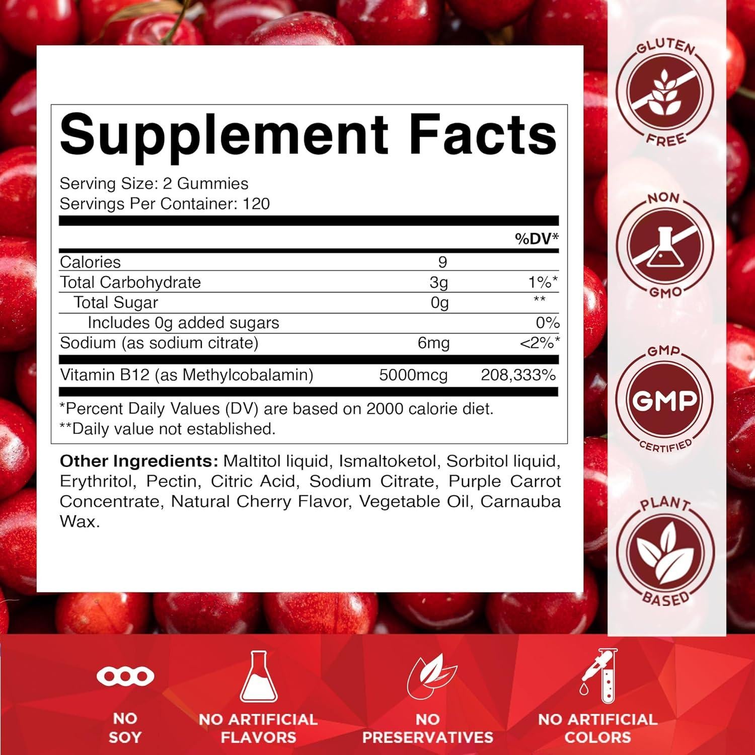 Vitamatic Gominolas de Vitamina B12 Extra Fuerte 5000 mcg - 240 Unidades, Sabor Cereza