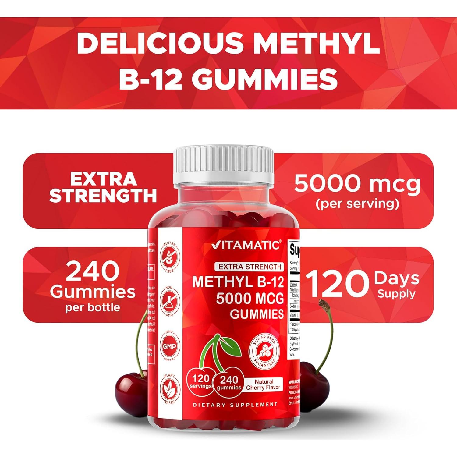 Vitamatic Gominolas de Vitamina B12 Extra Fuerte 5000 mcg - 240 Unidades, Sabor Cereza