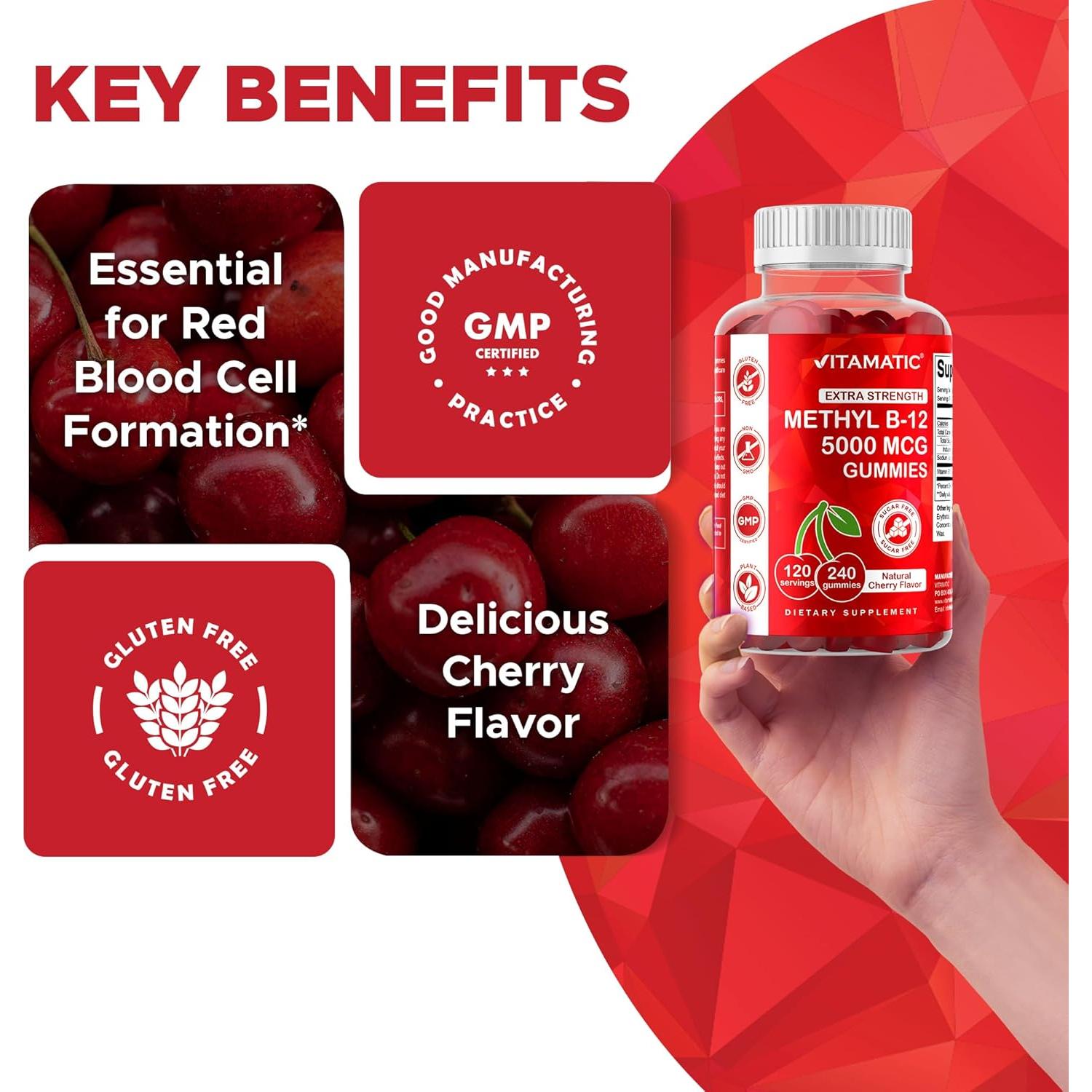 Vitamatic Gominolas de Vitamina B12 Extra Fuerte 5000 mcg - 240 Unidades, Sabor Cereza