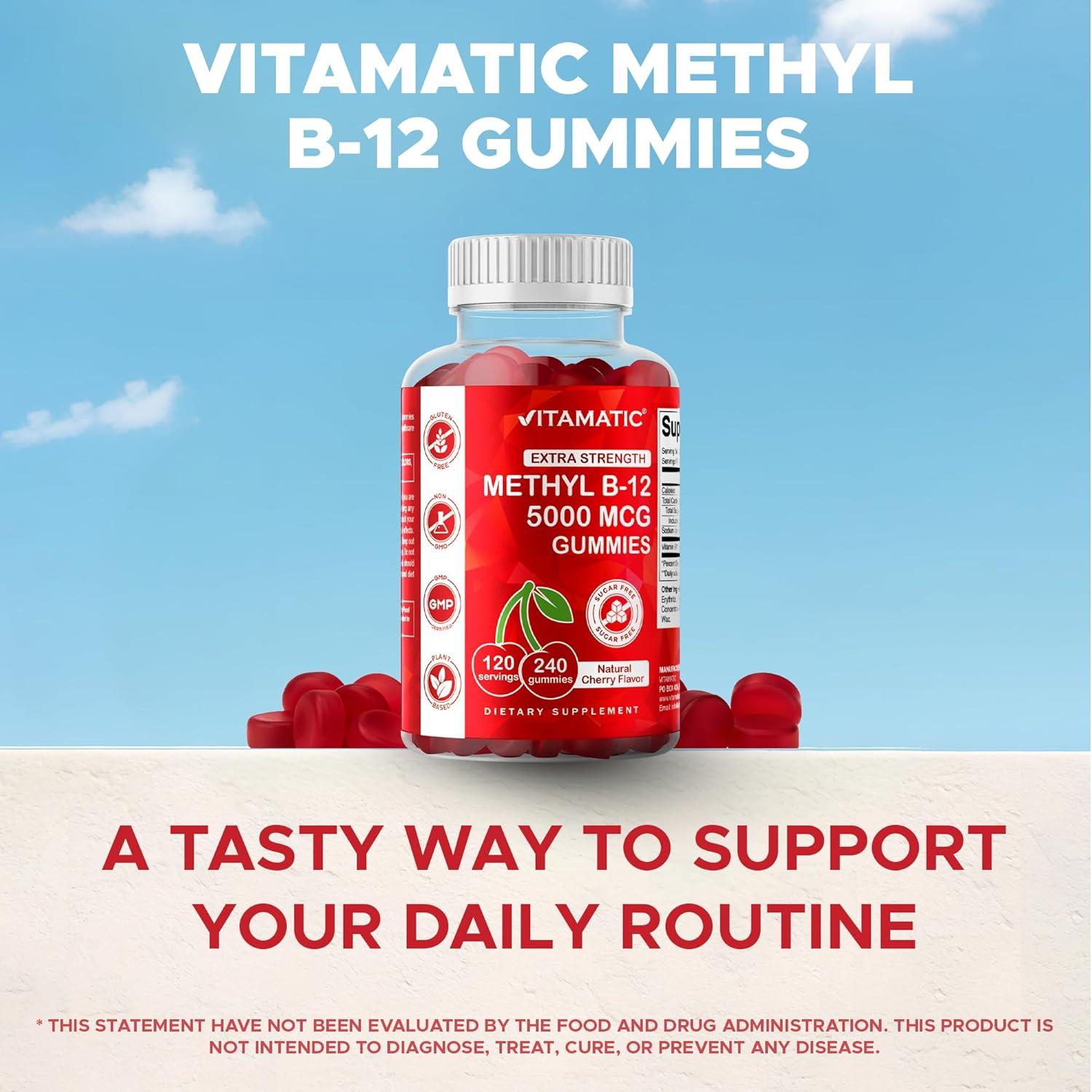 Vitamatic Gominolas de Vitamina B12 Extra Fuerte 5000 mcg - 240 Unidades, Sabor Cereza