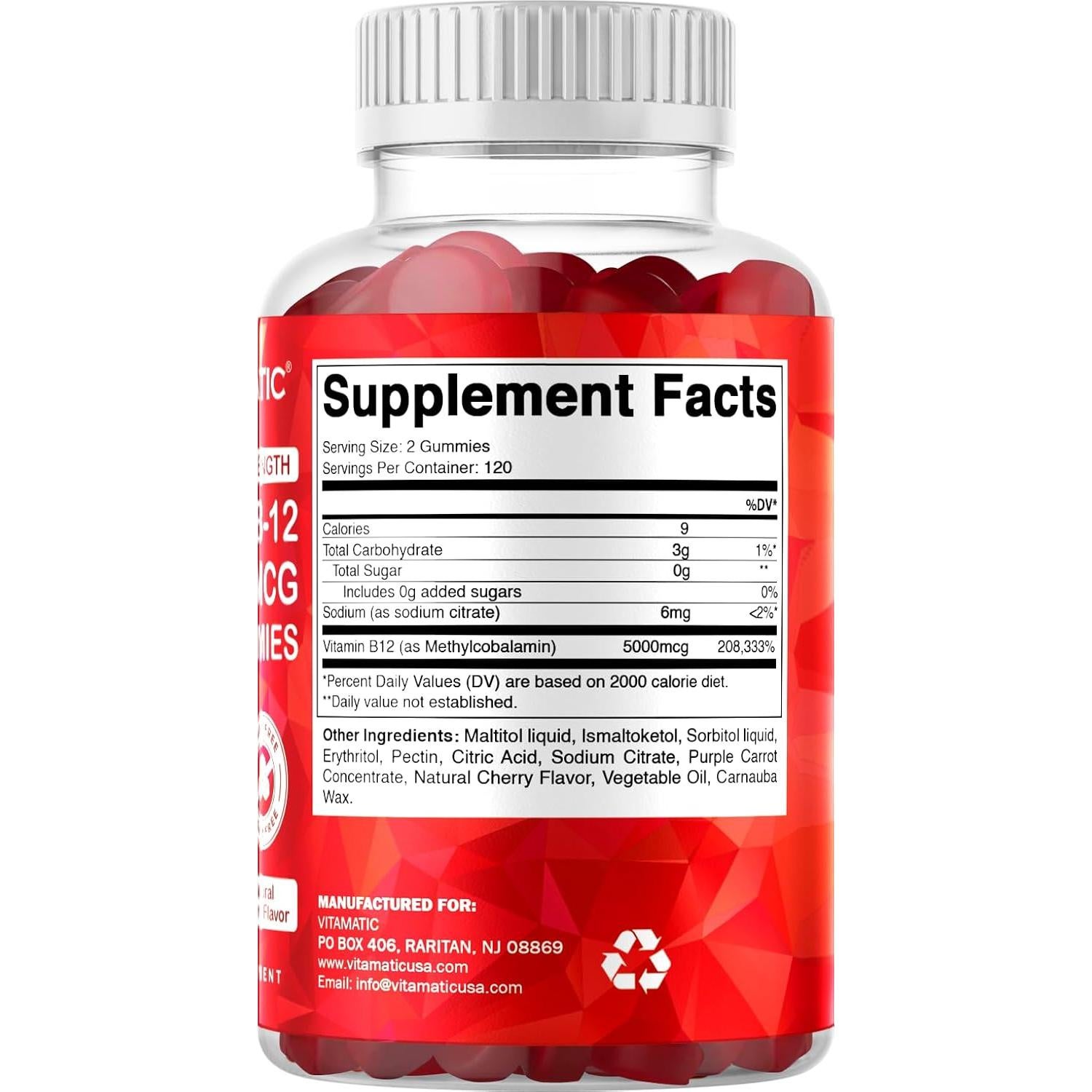 Vitamatic Gominolas de Vitamina B12 Extra Fuerte 5000 mcg - 240 Unidades, Sabor Cereza