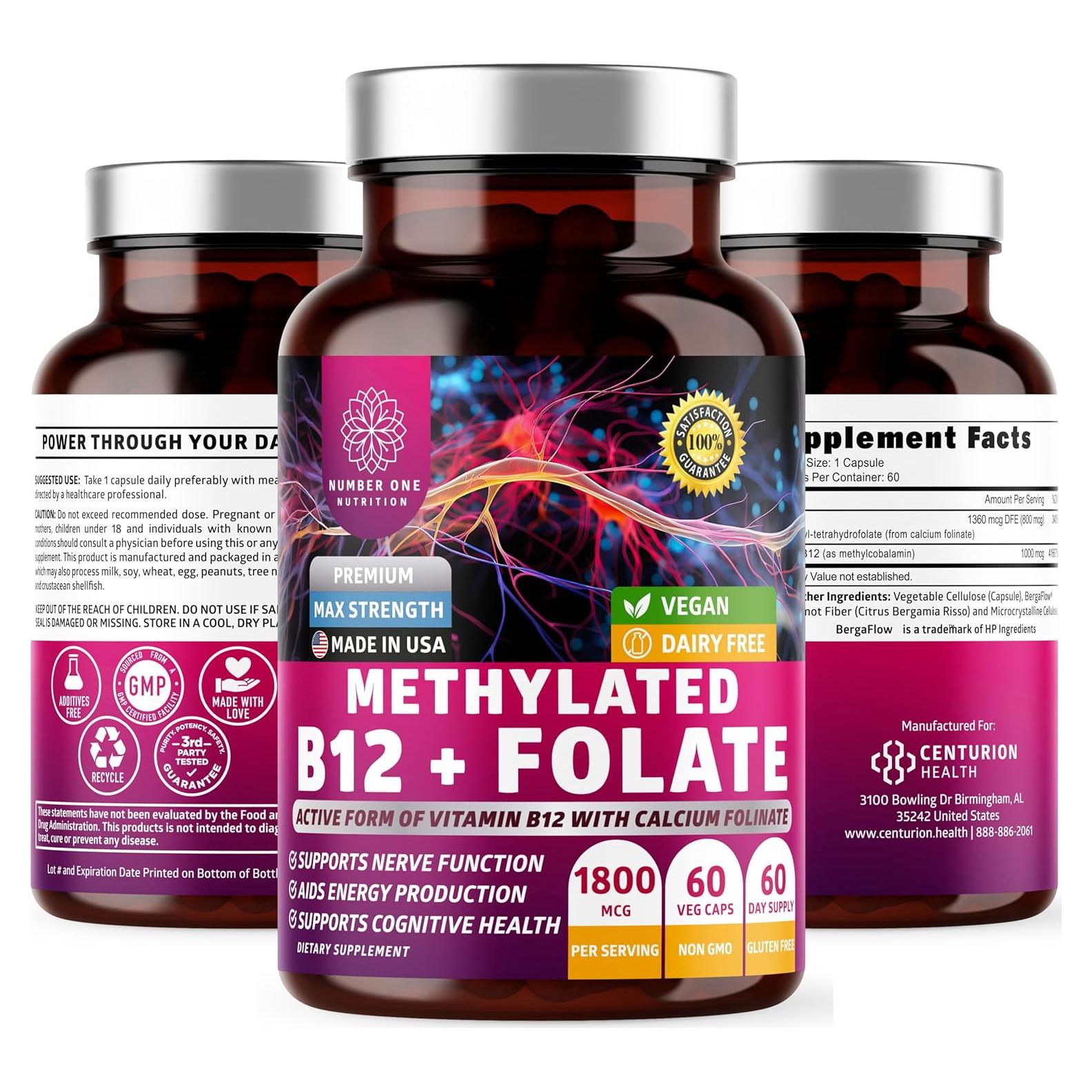 Suplemento B12 Metilada + Folato Number One Nutrition 60 Cápsulas