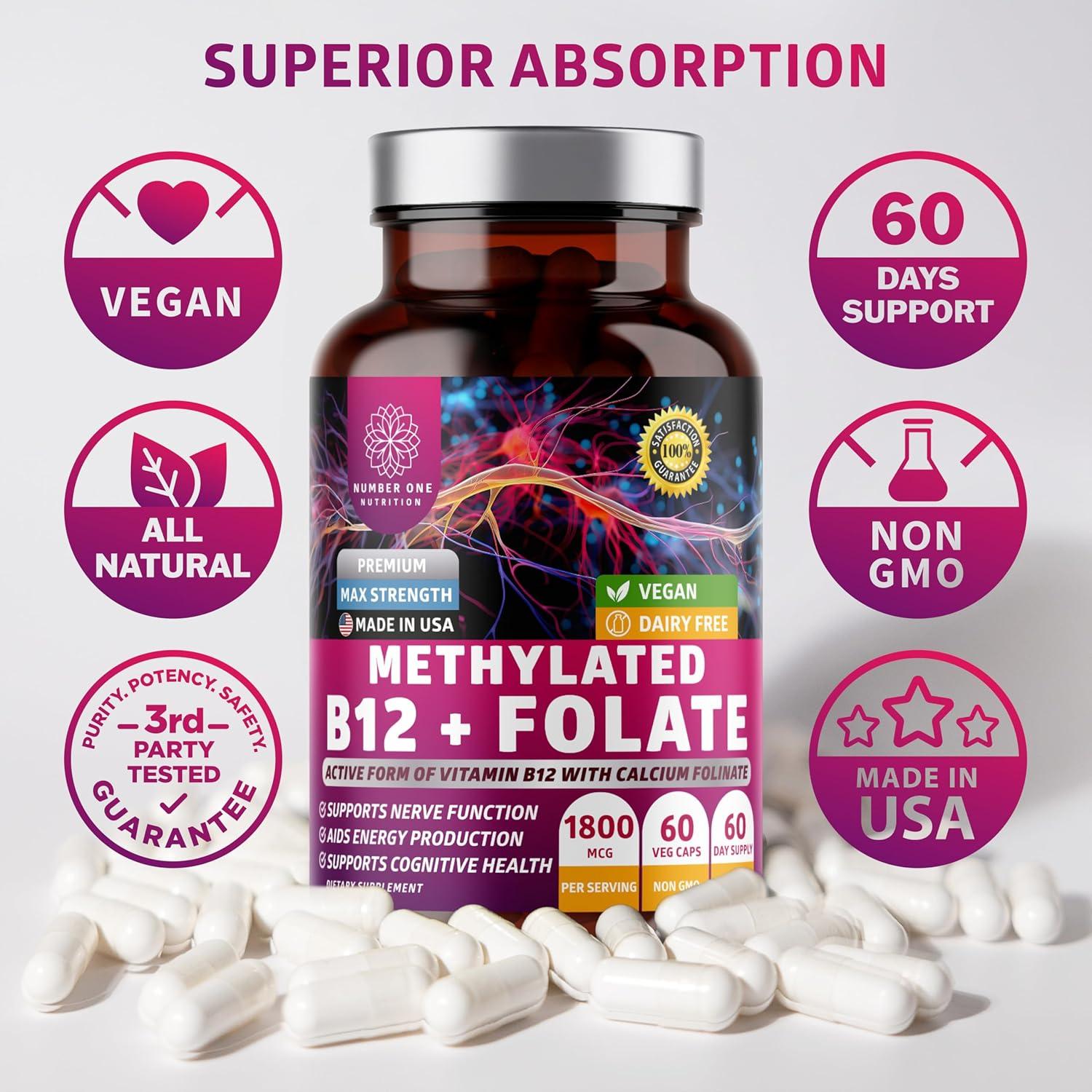 Suplemento B12 Metilada + Folato Number One Nutrition 60 Cápsulas