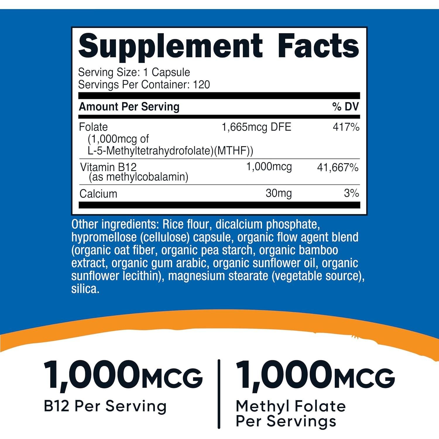Suplemento de Vitamina B12 Metilada y Folato Nutricost 120 Cápsulas