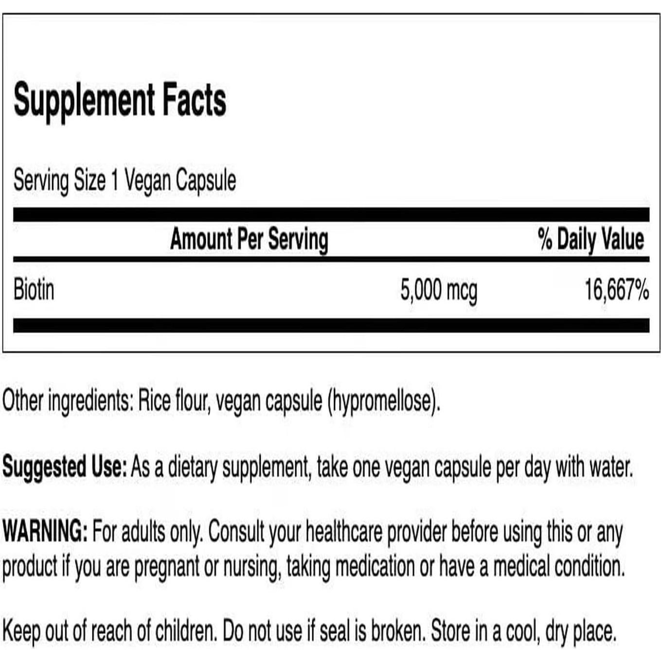 Swanson Biotina Vitamina B7 5000 mcg 100 Cápsulas