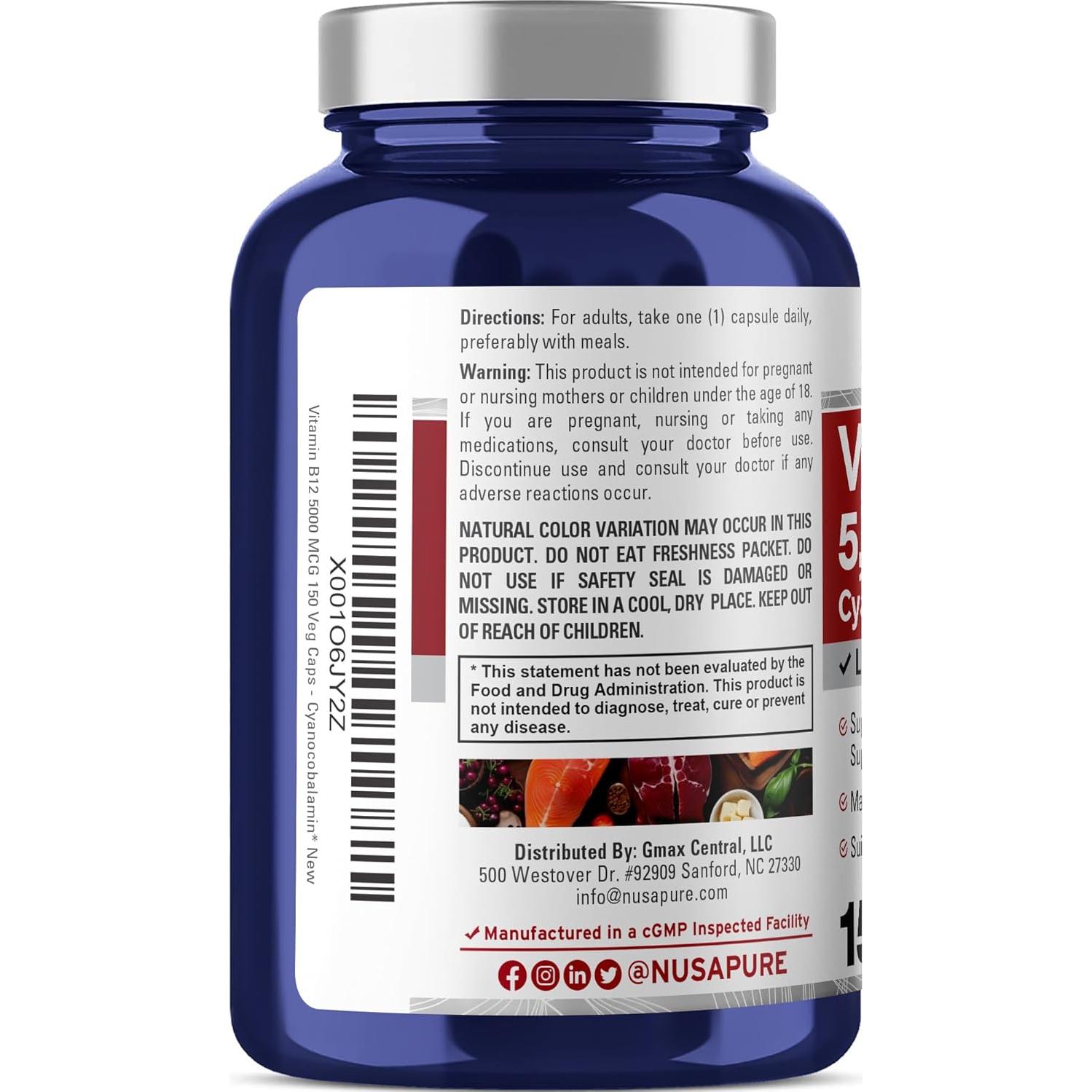 Vitamina B12 5000mcg NusaPure 150 Cápsulas Veganas