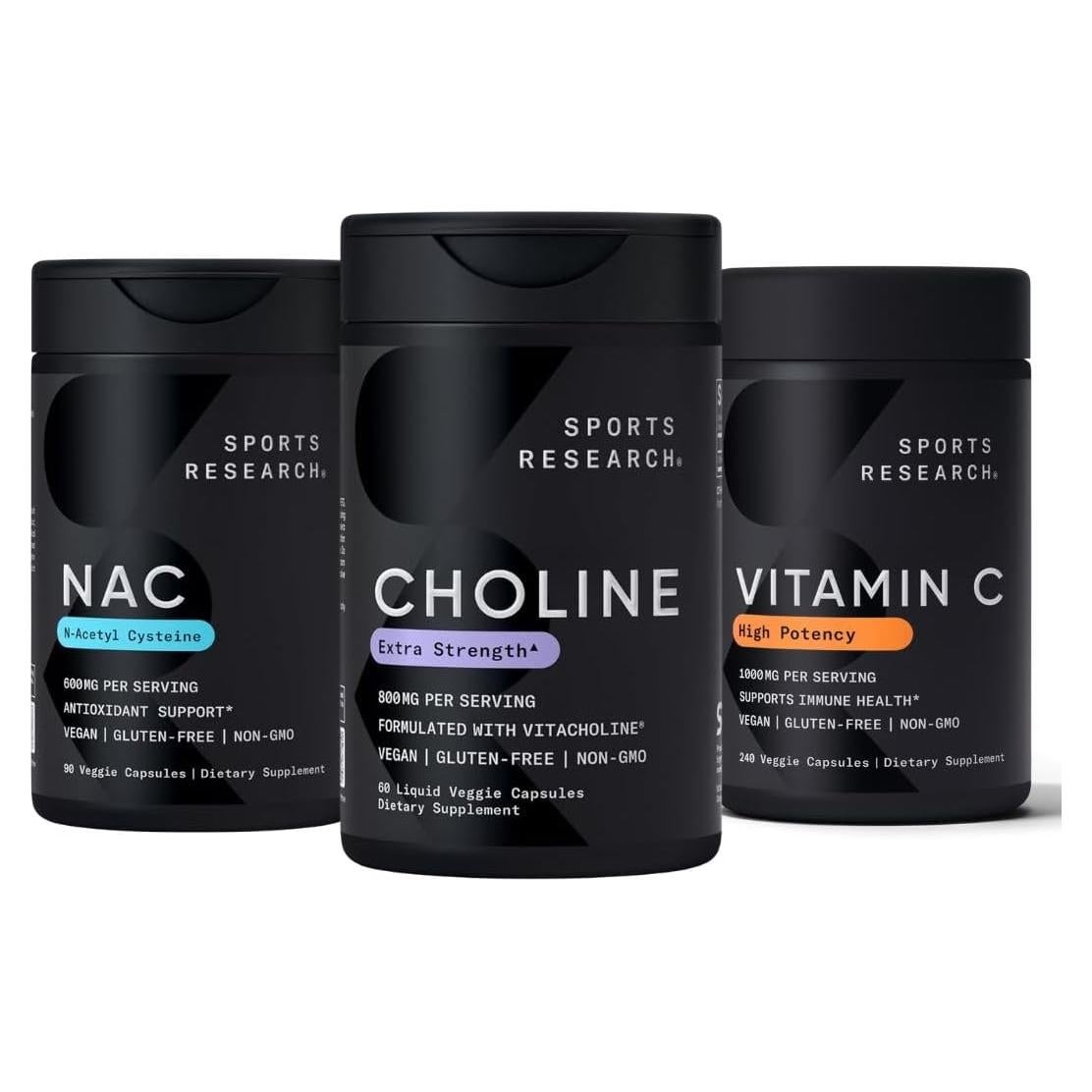 Multivitaminas Sports Research Colina 800 mg + NAC 600 mg + Vitamina C 1000 mg