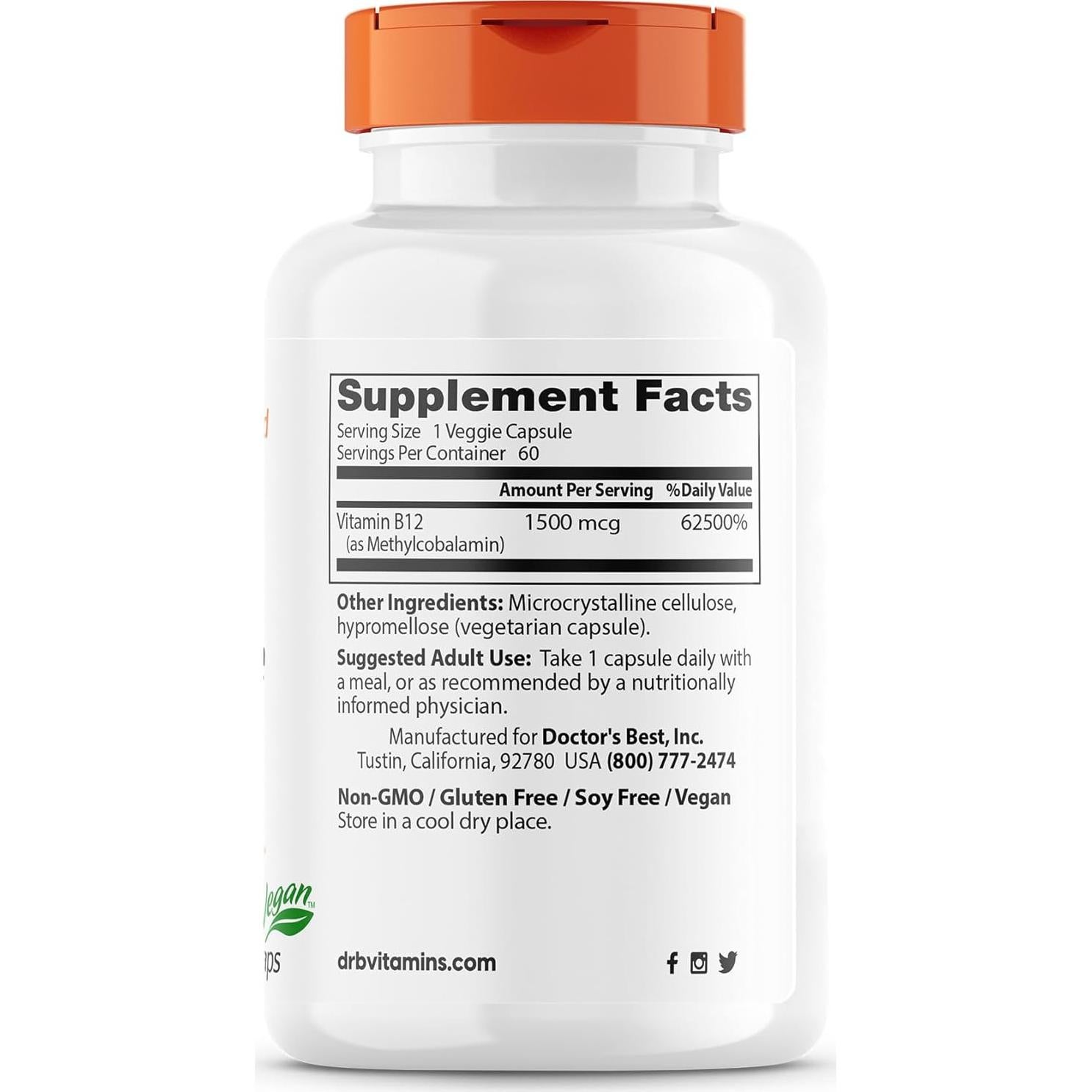 B12 Metilcobalamina Doctor's Best 1500 mcg Vegano 60 Cápsulas