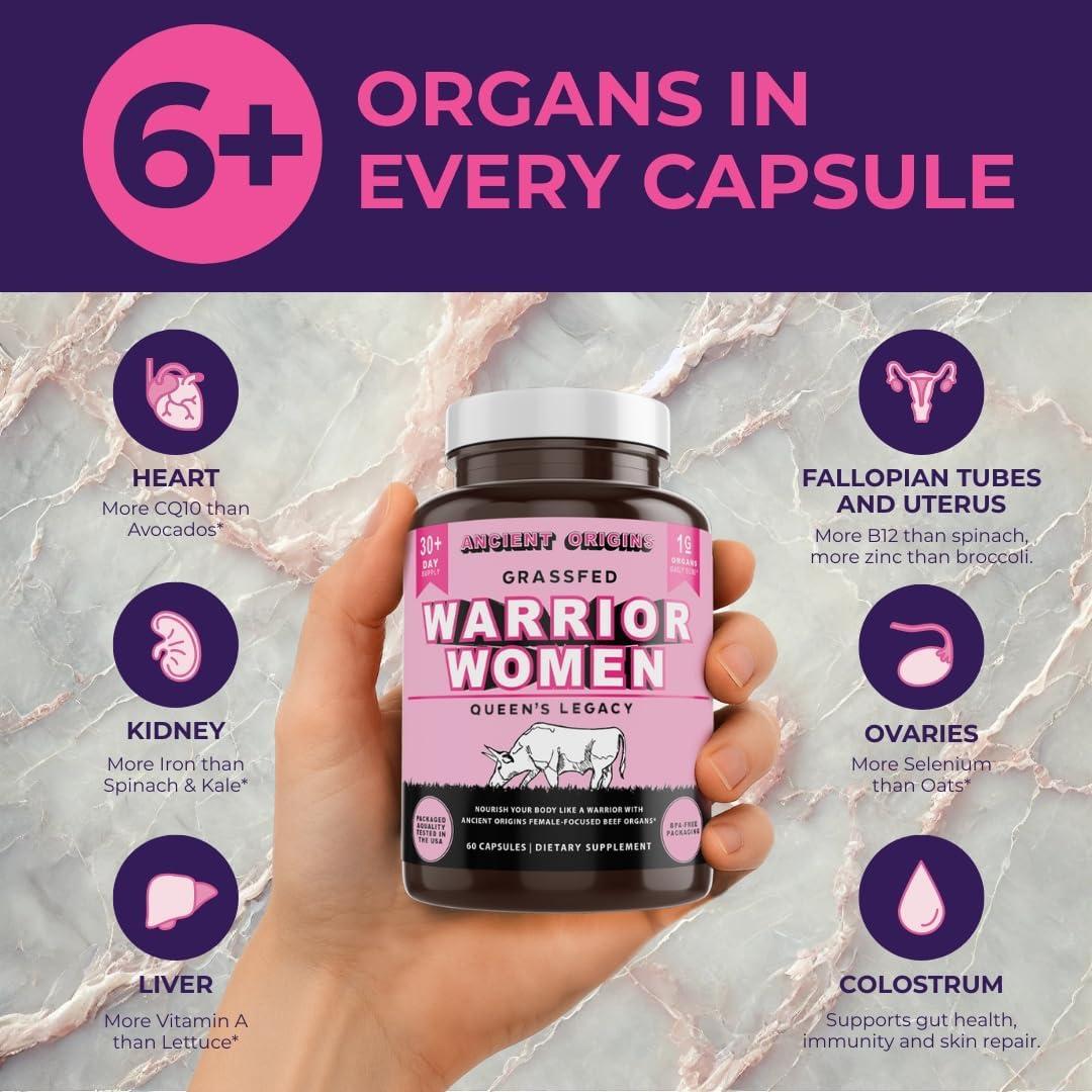 Suplemento de Órganos de Res para Mujeres Antiguos Orígenes - 7 Órganos Alimentados con Pasto - Hígado, Corazón, Calostro y Más