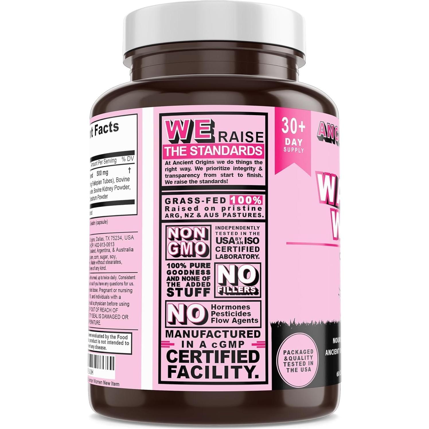 Suplemento de Órganos de Res para Mujeres Antiguos Orígenes - 7 Órganos Alimentados con Pasto - Hígado, Corazón, Calostro y Más