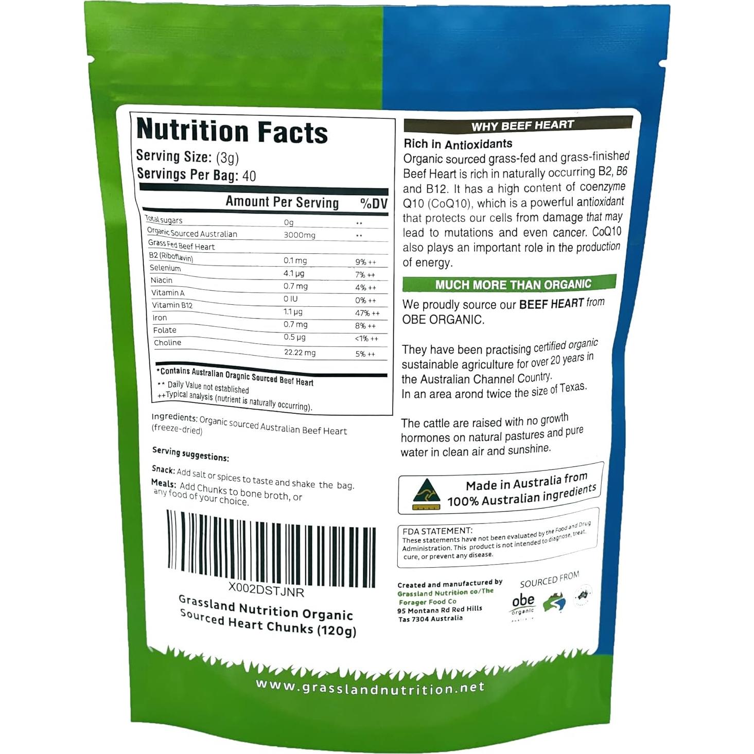 Trozos Deshidratados de Corazón Orgánico Grassland 120g - Alto en Q10 y Vitaminas