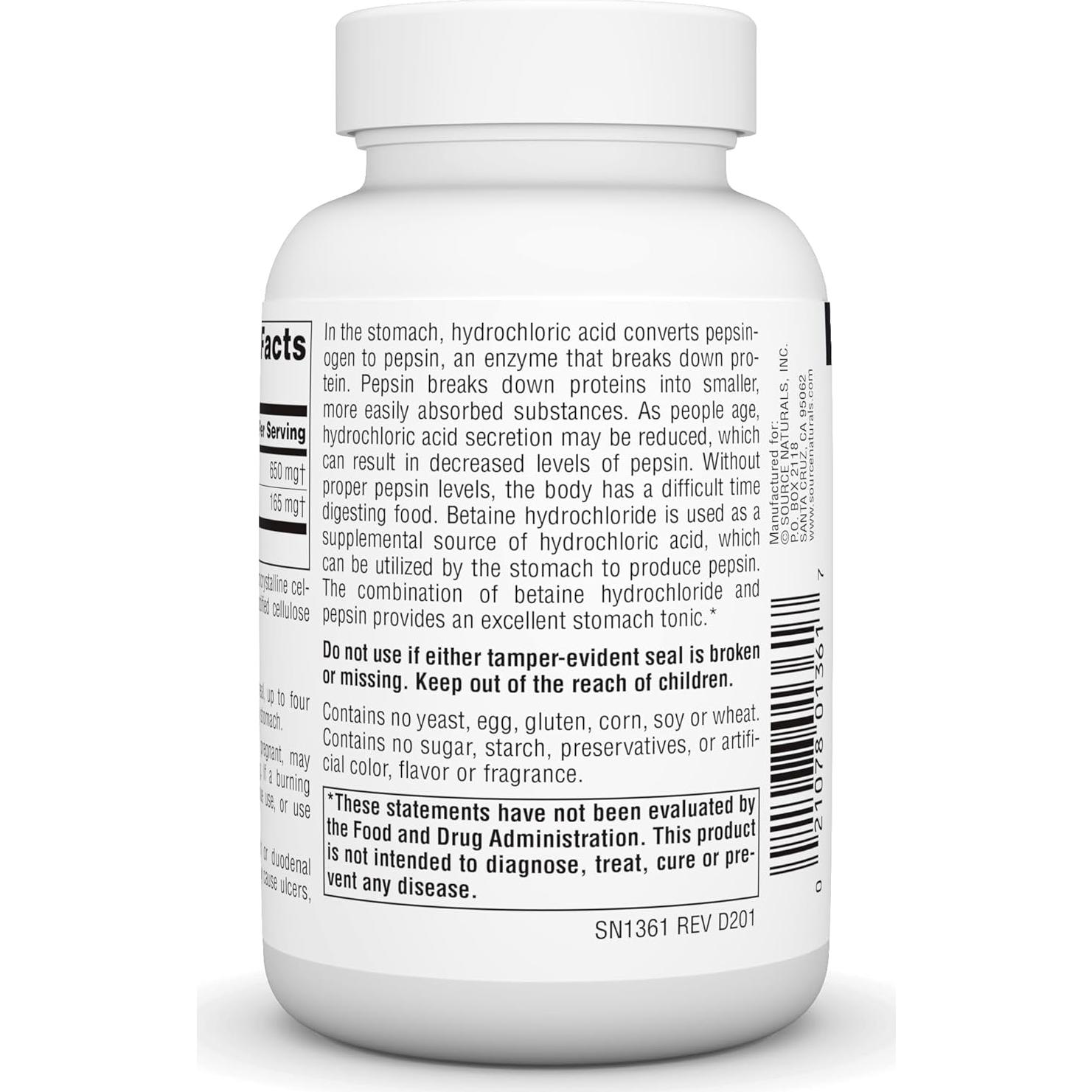 Betaína HCL 650mg Source Naturals 90 Tabletas Digestivas