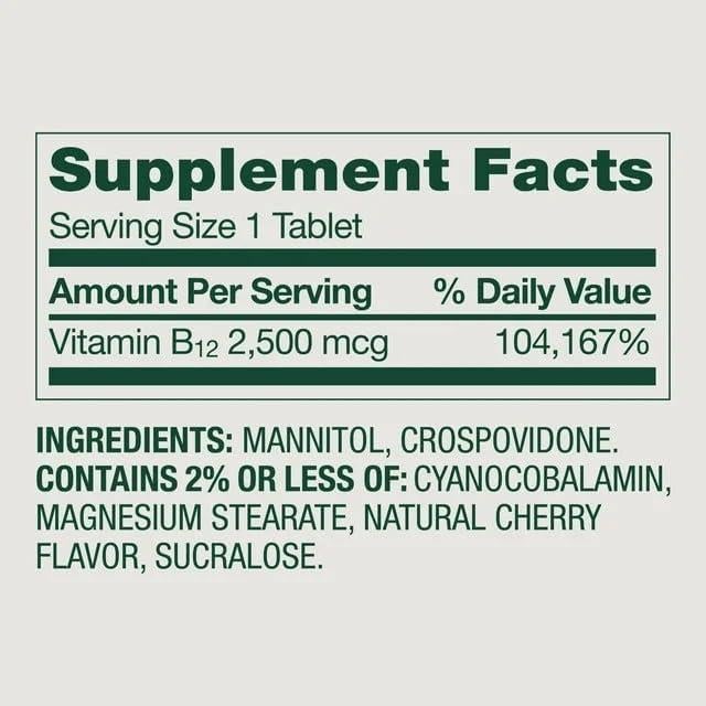 Tabletas de Vitamina B12 Spring Valley 2500 mcg Cereza 120 Unidades