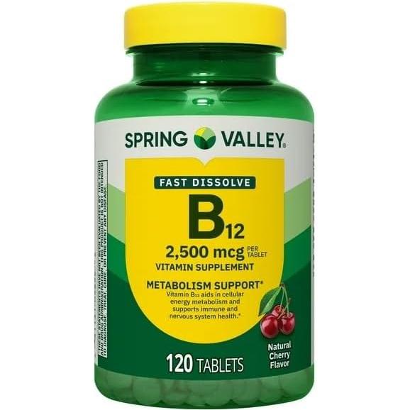 Tabletas de Vitamina B12 Spring Valley 2500 mcg Cereza 120 Unidades
