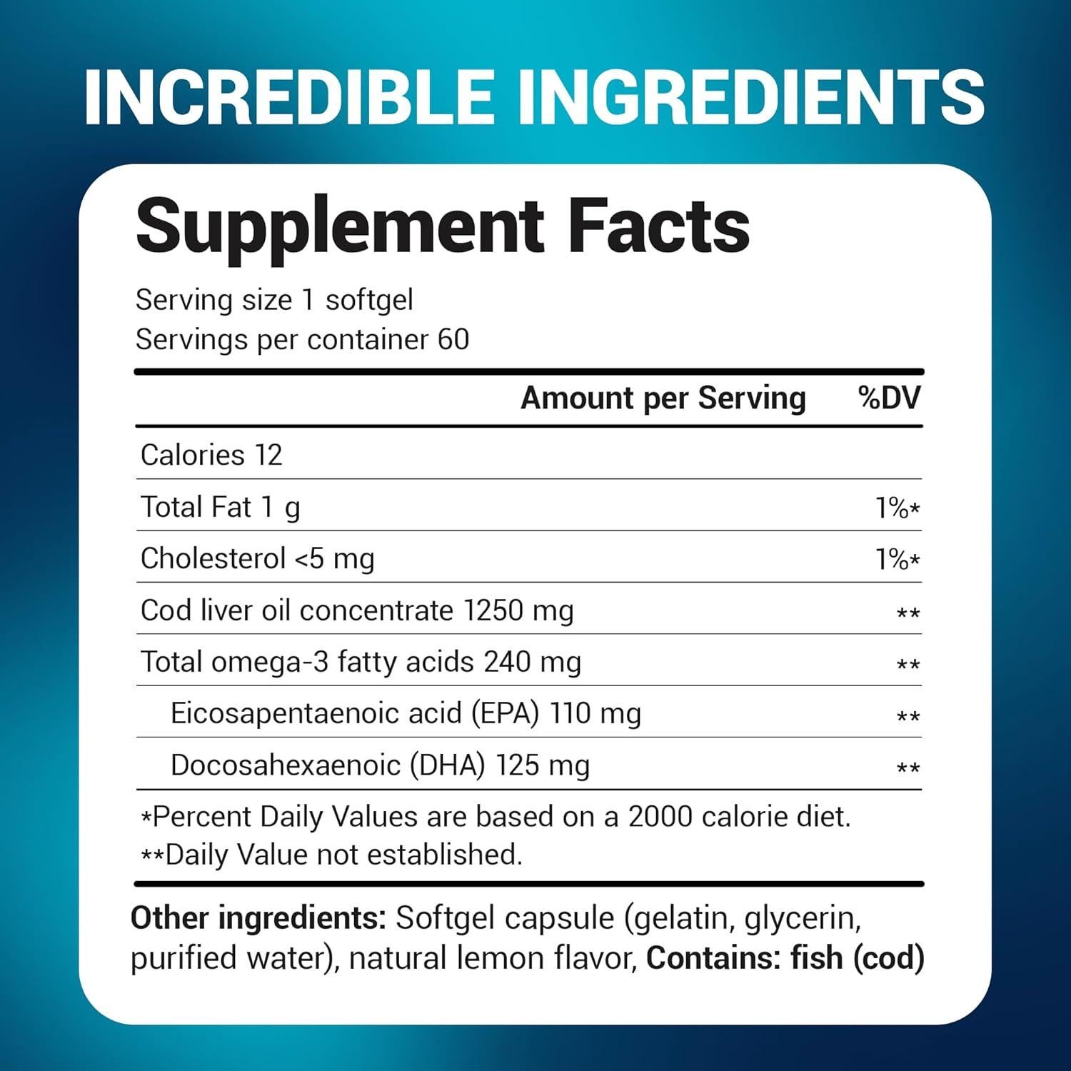 Suplemento Omega-3 Dr. Berg 1250 mg Aceite de Hígado de Bacalao - 60 Cápsulas Blandas