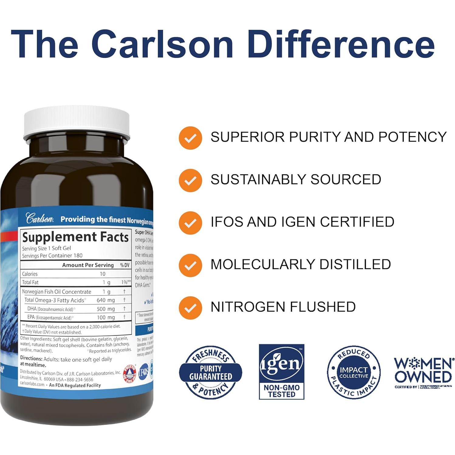 Suplemento de DHA 500 mg Carlson Labs - 180 Softgels