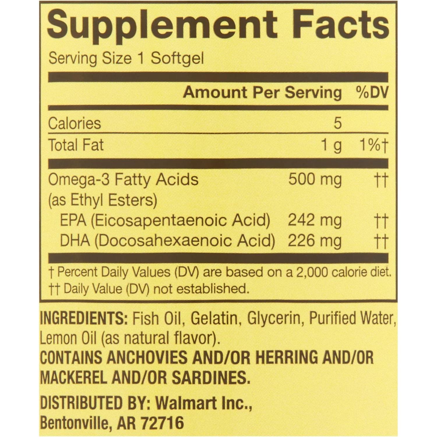 Suplemento Omega-3 Spring Valley 500 mg 180 Cápsulas de Aceite de Pescado