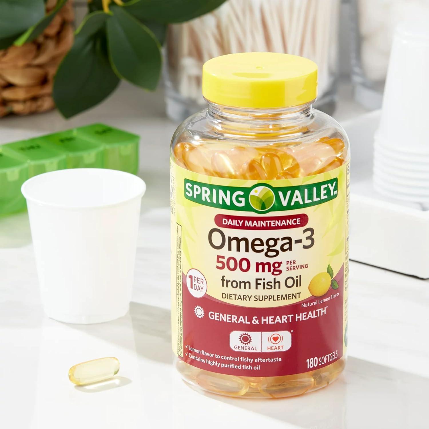 Suplemento Omega-3 Spring Valley 500 mg 180 Cápsulas de Aceite de Pescado