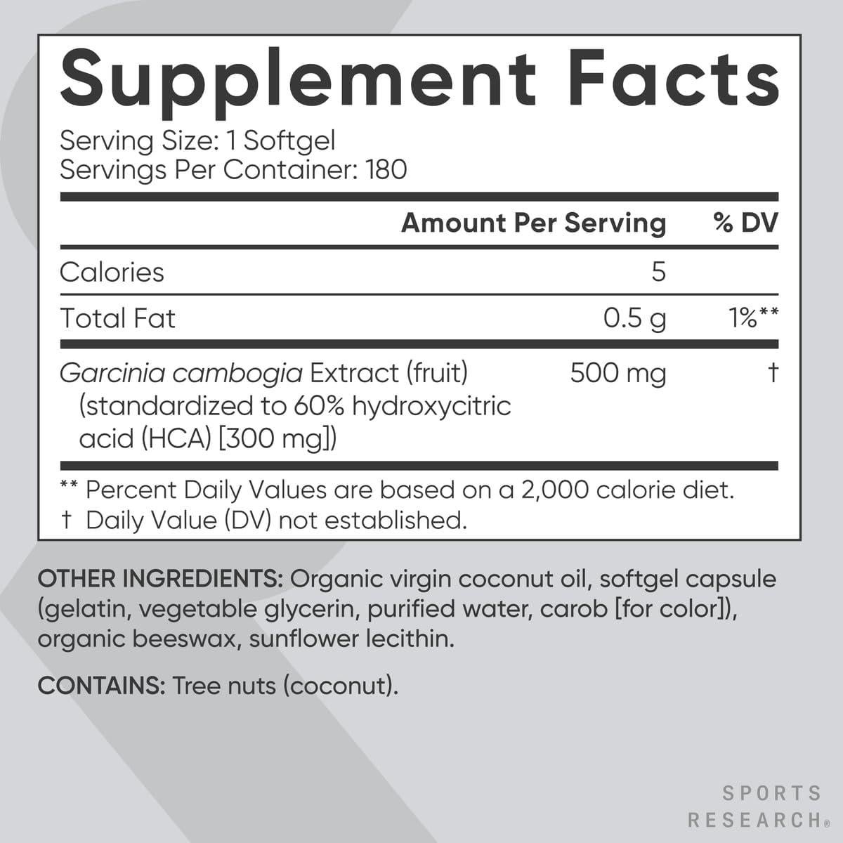 Garcinia Cambogia Sports Research 60% HCA con Aceite de Coco 180 Cápsulas