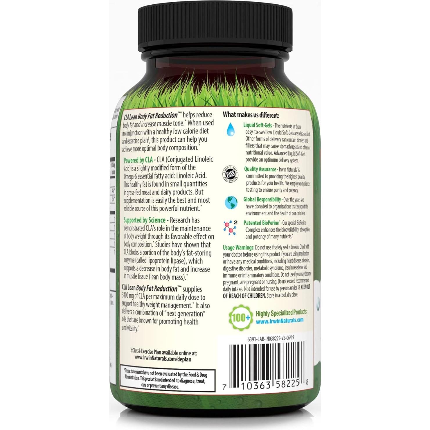 Suplemento CLA Irwin Naturals 80 Gelatinas para Reducción de Grasa