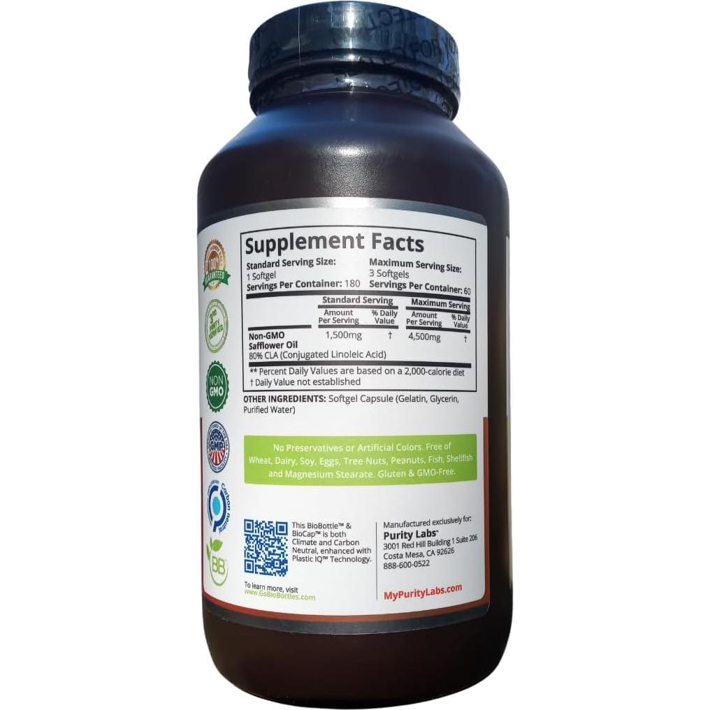 Suplemento CLA Purity Labs 4500mg - Aceite de Cártamo 180 Geles
