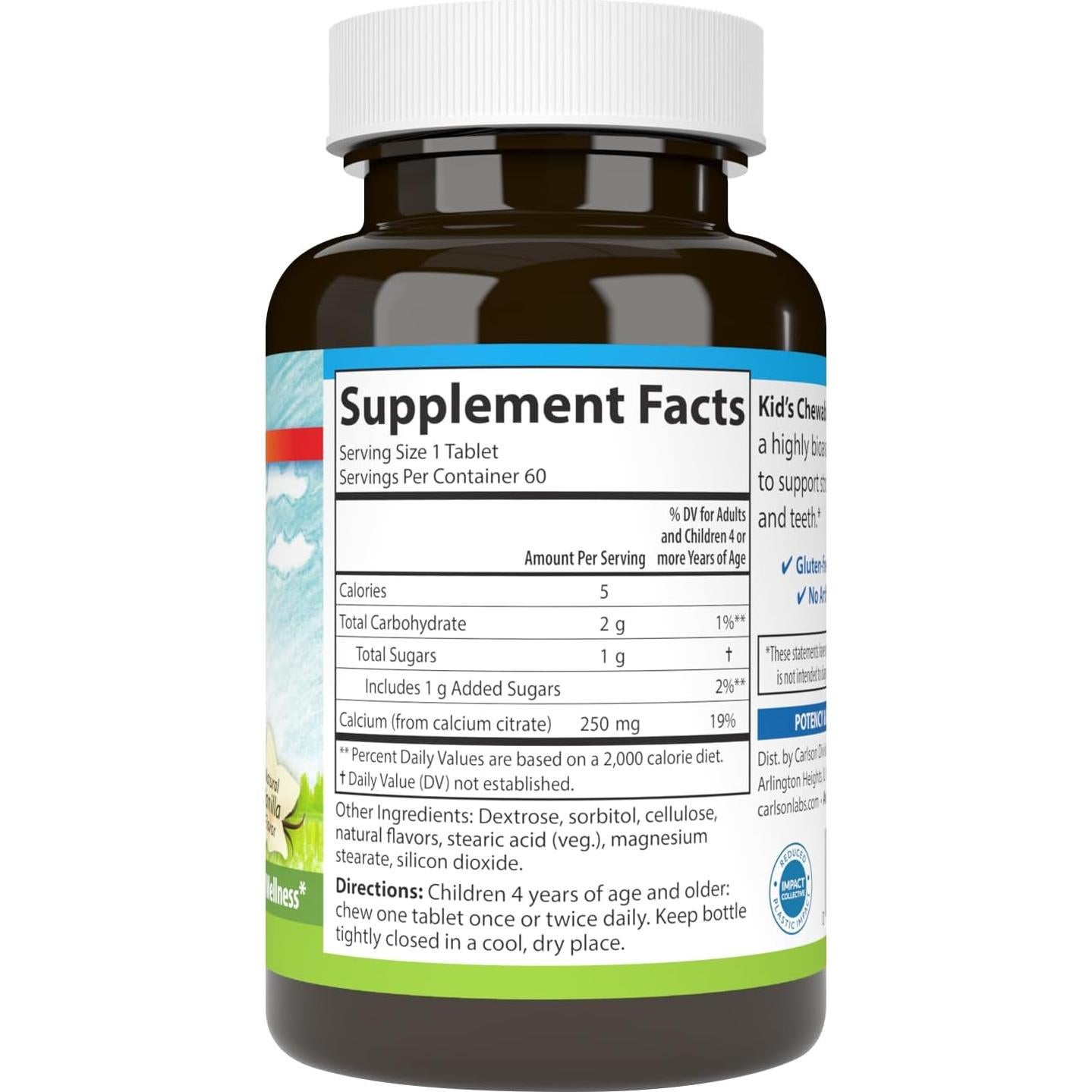 Carlson Calcio Masticable para Niños 250 mg Vainilla 60 Tabletas