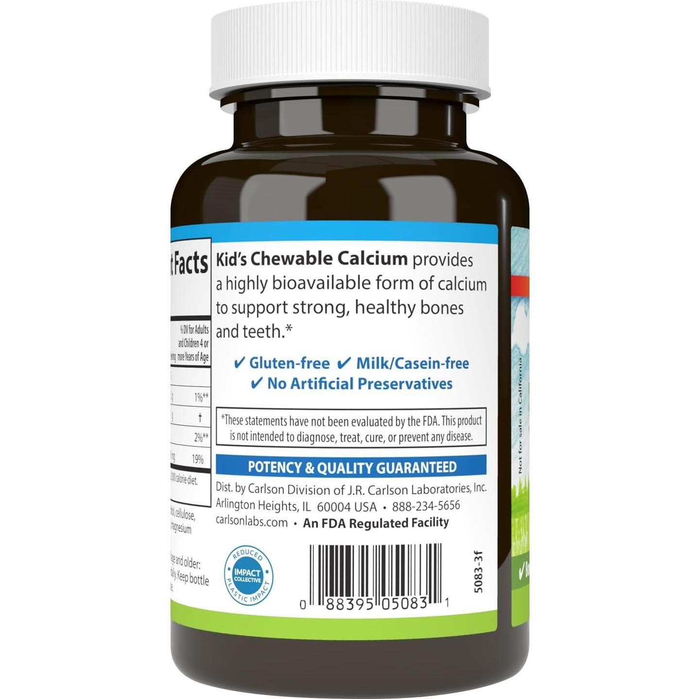 Carlson Calcio Masticable para Niños 250 mg Vainilla 60 Tabletas