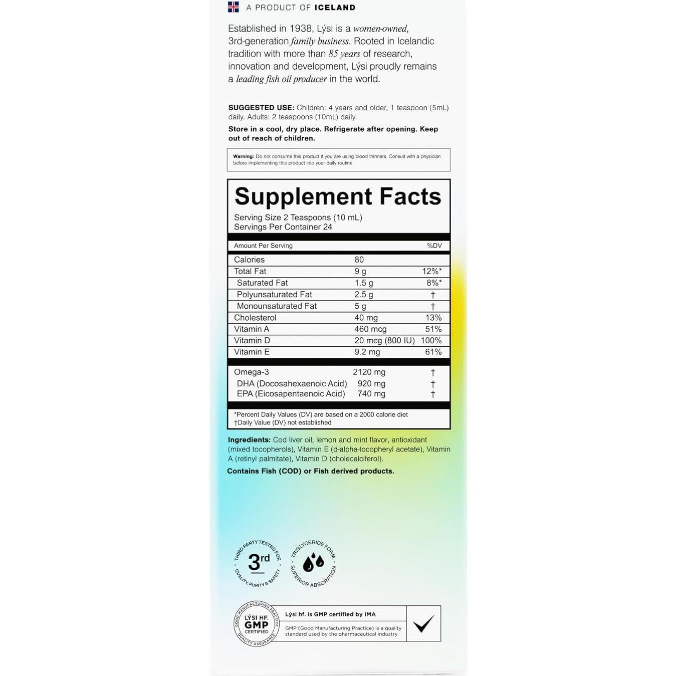 Aceite de Hígado de Bacalao LYSI 240ml Omega-3 Menta y Limón