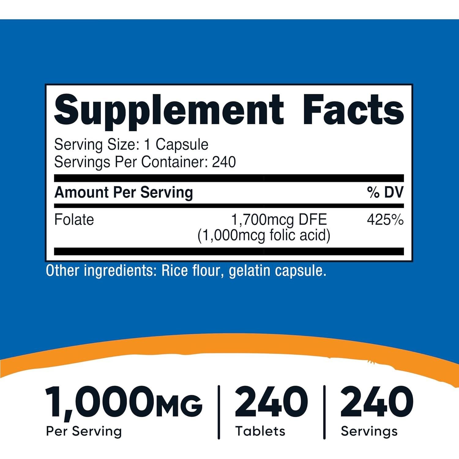 Ácido Fólico Nutricost 1000 mcg 240 Cápsulas Suplemento