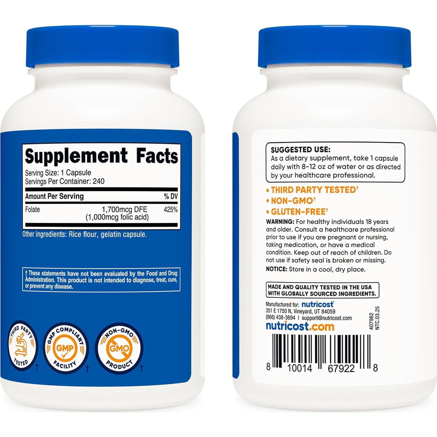 Ácido Fólico Nutricost 1000 mcg 240 Cápsulas Suplemento