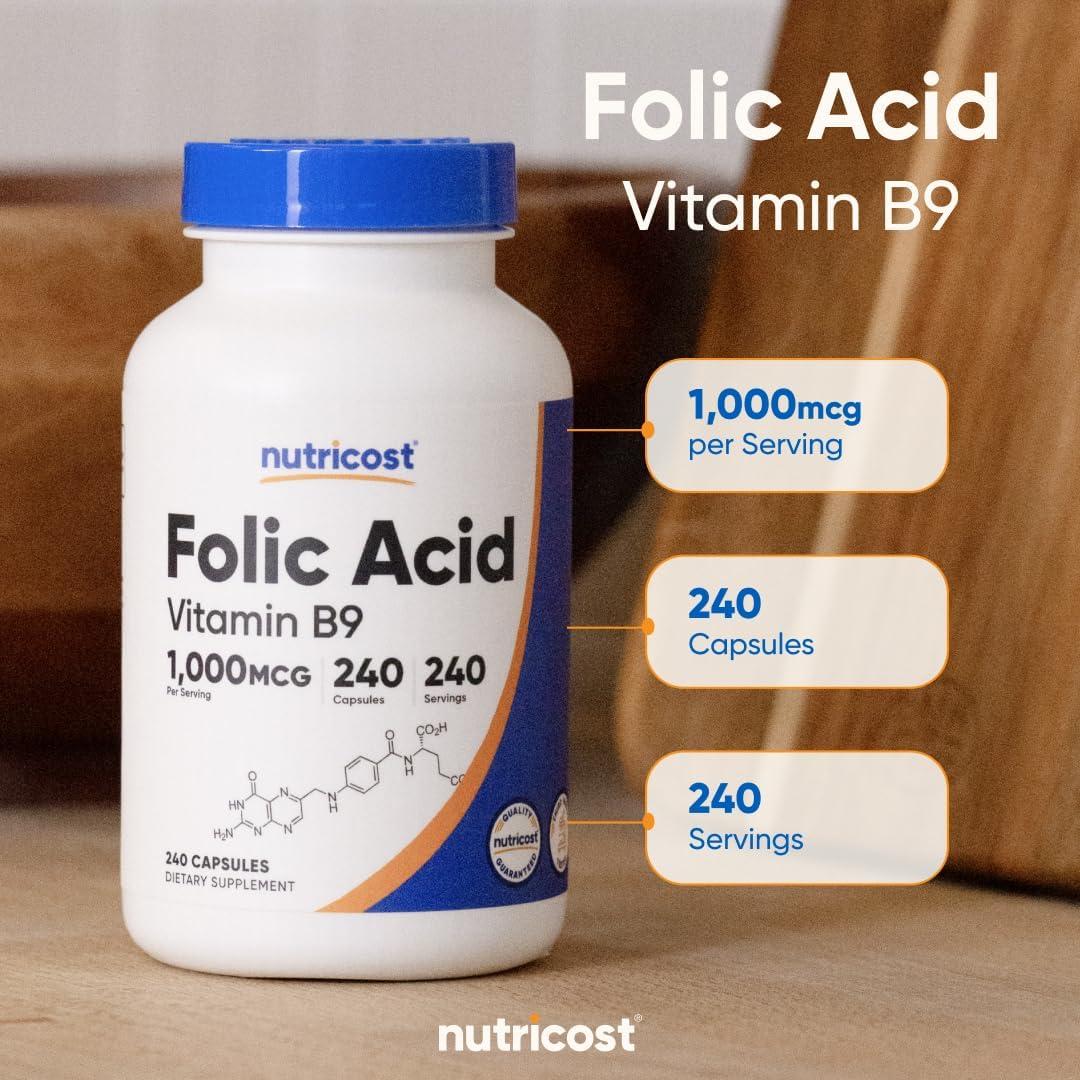 Ácido Fólico Nutricost 1000 mcg 240 Cápsulas Suplemento