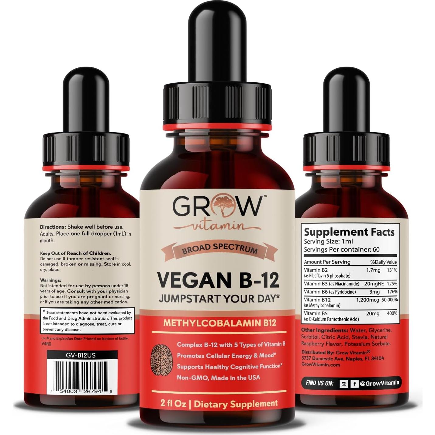 Suplemento Líquido Vegano B12 Grow Vitamin 138g - Energía y Salud