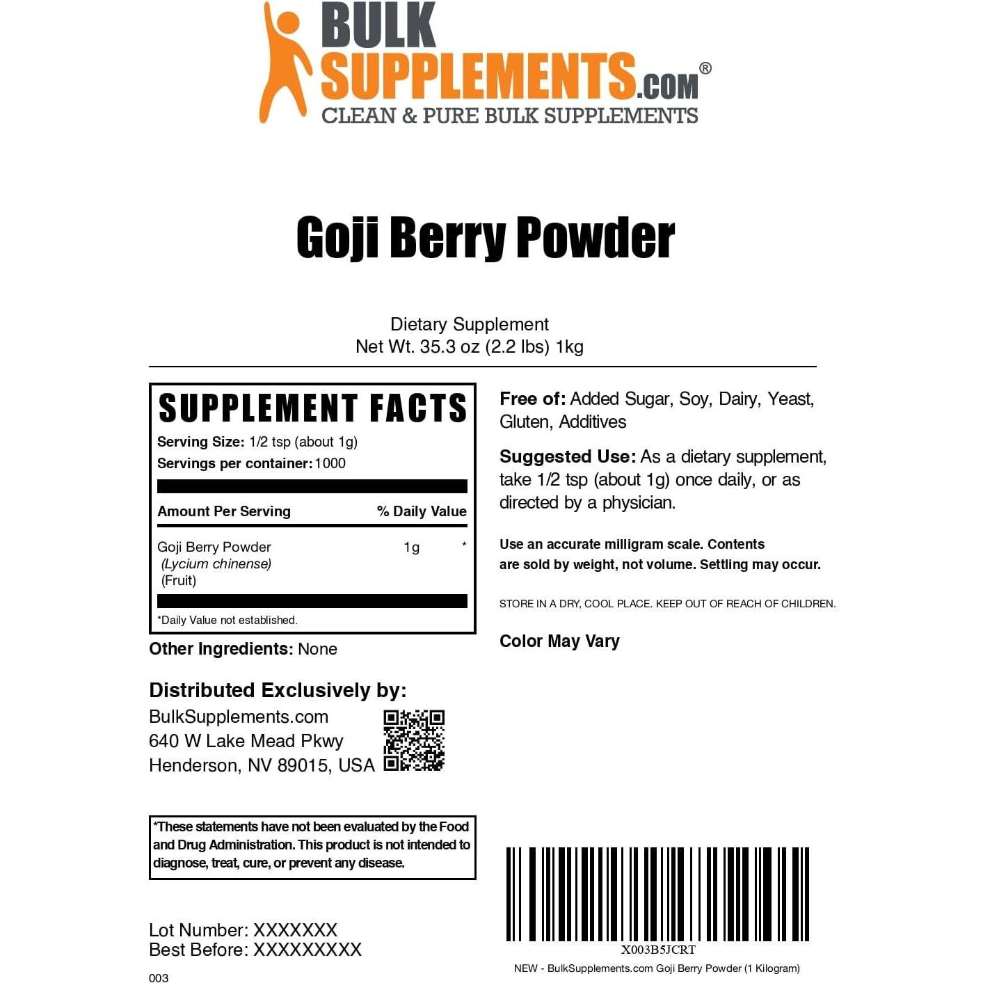 Polvo de Extracto de Bayas de Goji BulkSupplements 1kg