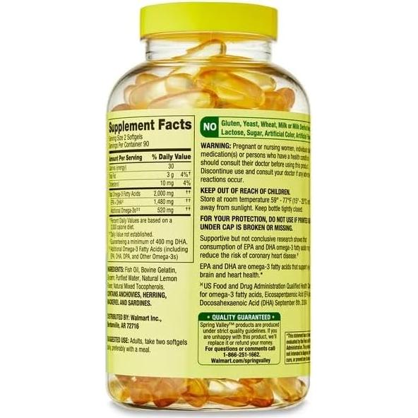 Suplemento Omega-3 Spring Valley 2000 mg 180 cápsulas blandas