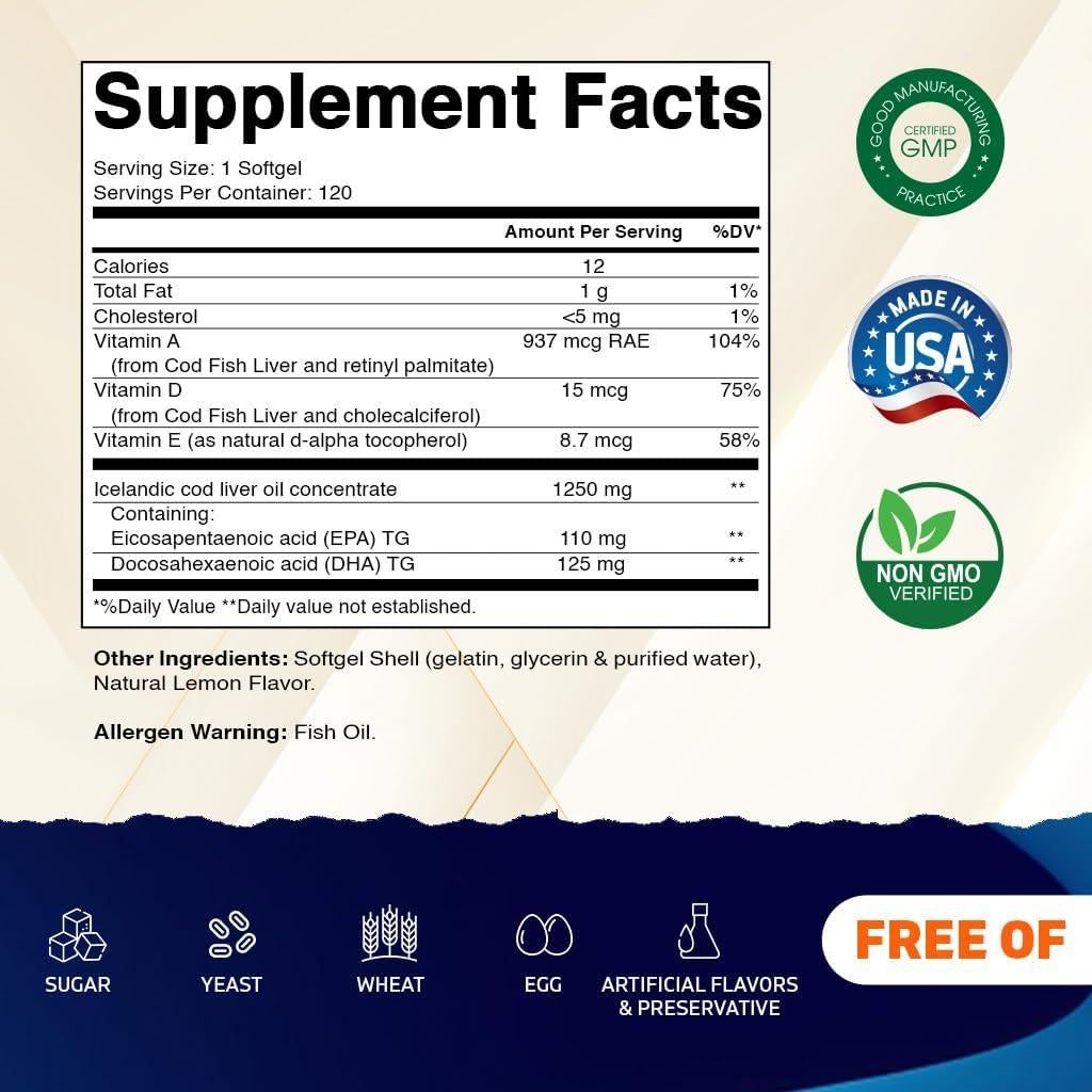 Cápsulas de Aceite de Hígado de Bacalao Vitamatic 1250mg 120 Gelatinas