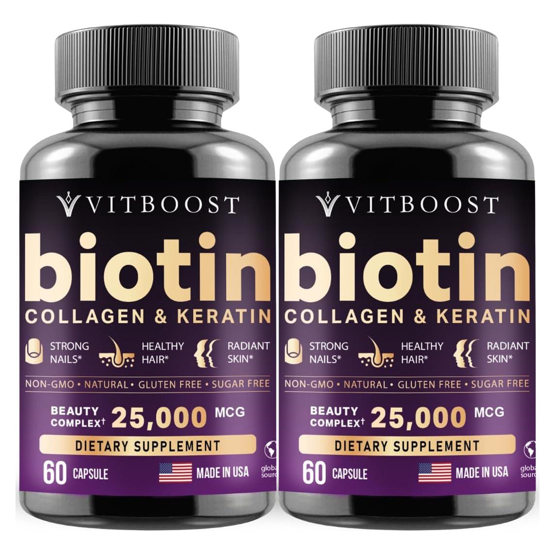 Biotina 25000 mcg Vitboost con Colágeno y Queratina - 120 Cápsulas