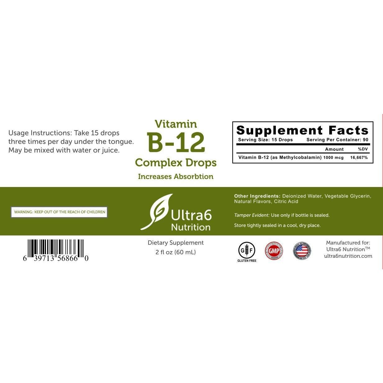 Gotas Líquidas de Vitamina B12 Ultra6 - 59 ml Energía Rápida
