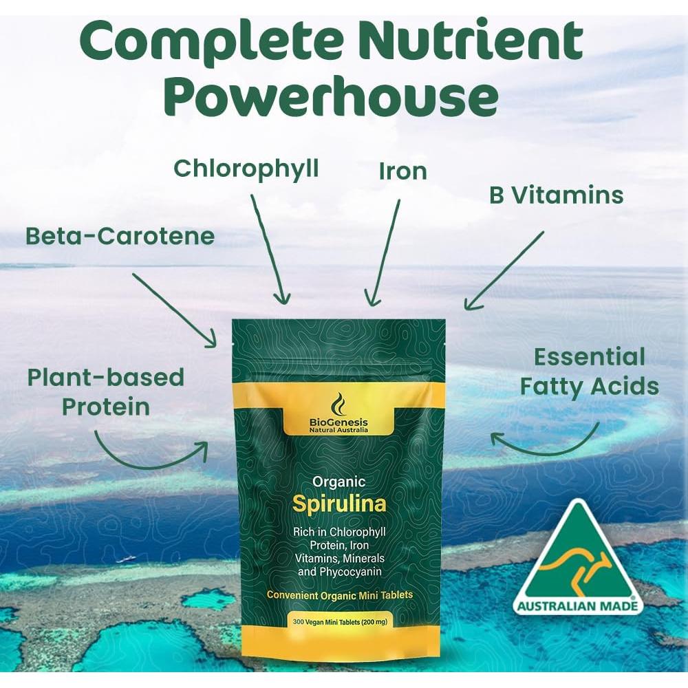 Espirulina Orgánica BioGenesis Mini Tabletas 300 Conteo 200 mg
