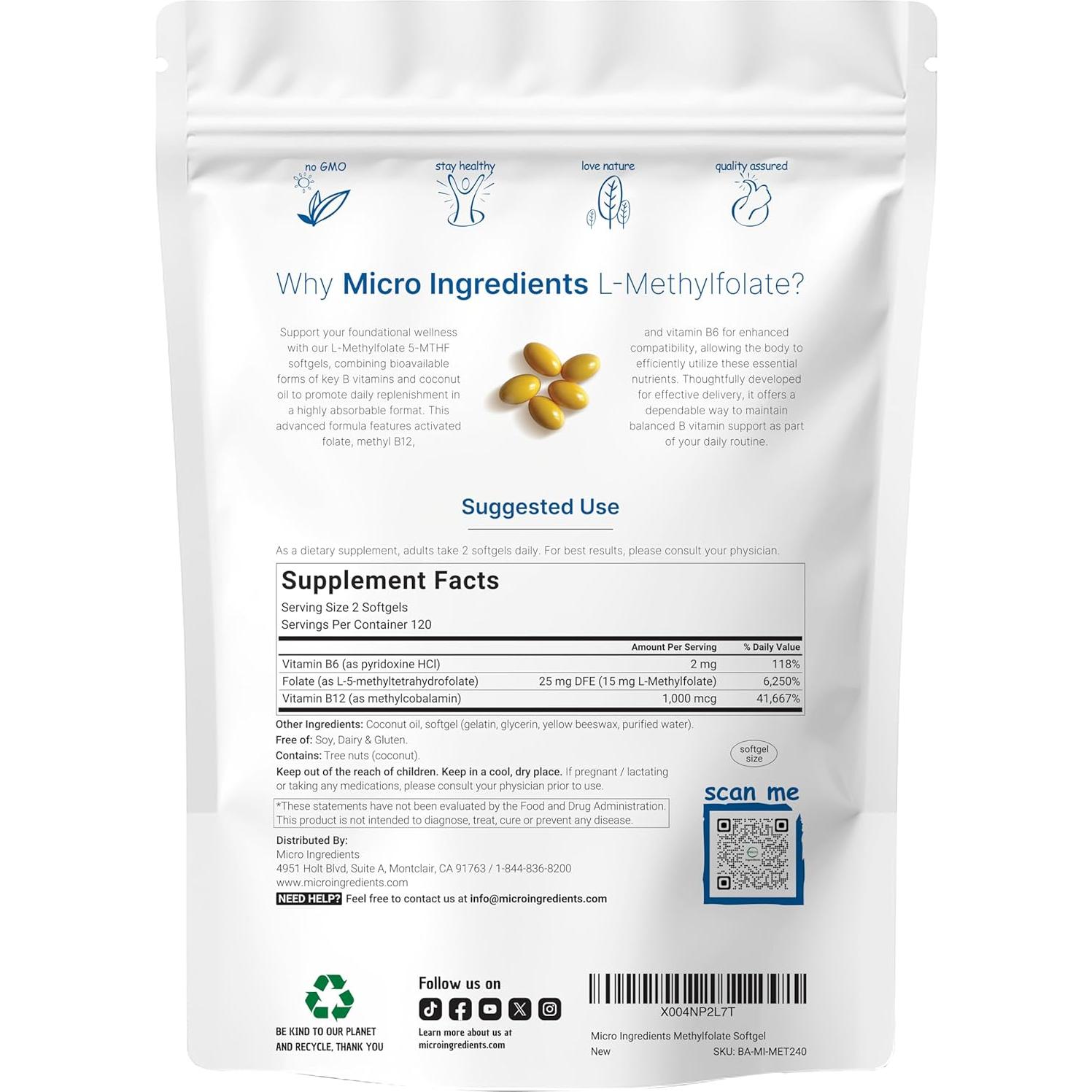 L-Metilfolato 15mg + B6 + Metil B12 - 240 Gelatinas Blandas