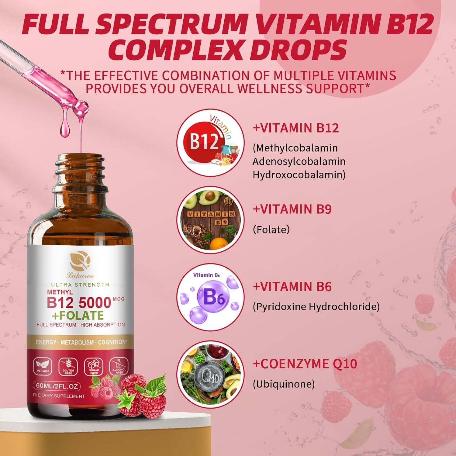 Lukaree Vitamin B12 Sublingual Drops Vegan B12 Vitamins Liquid-Full Spectrum-Methylcobalamin, Adenosyl & Hydroxy B12, for Energy, Focus, Mood & Immune Support- 2 Month Supply, 2 fl oz