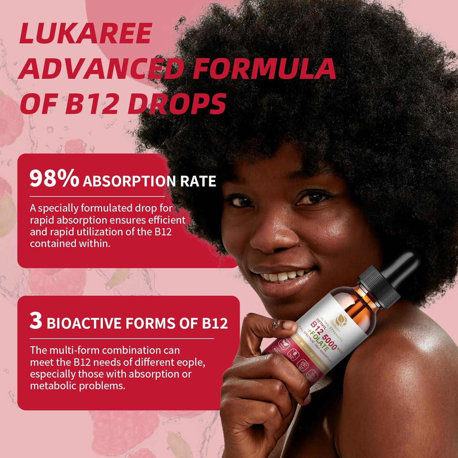 Lukaree Vitamin B12 Sublingual Drops Vegan B12 Vitamins Liquid-Full Spectrum-Methylcobalamin, Adenosyl & Hydroxy B12, for Energy, Focus, Mood & Immune Support- 2 Month Supply, 2 fl oz