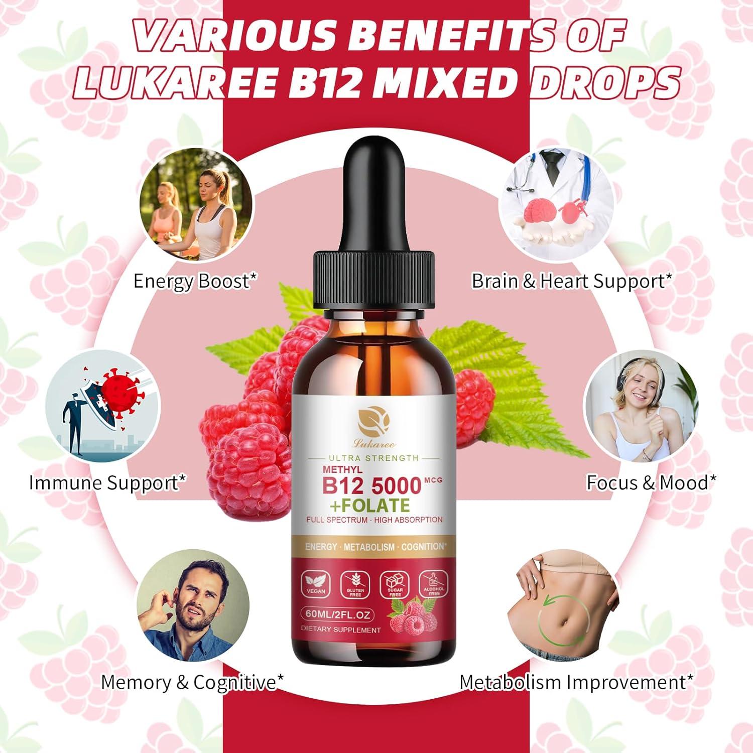 Lukaree Vitamin B12 Sublingual Drops Vegan B12 Vitamins Liquid-Full Spectrum-Methylcobalamin, Adenosyl & Hydroxy B12, for Energy, Focus, Mood & Immune Support- 2 Month Supply, 2 fl oz