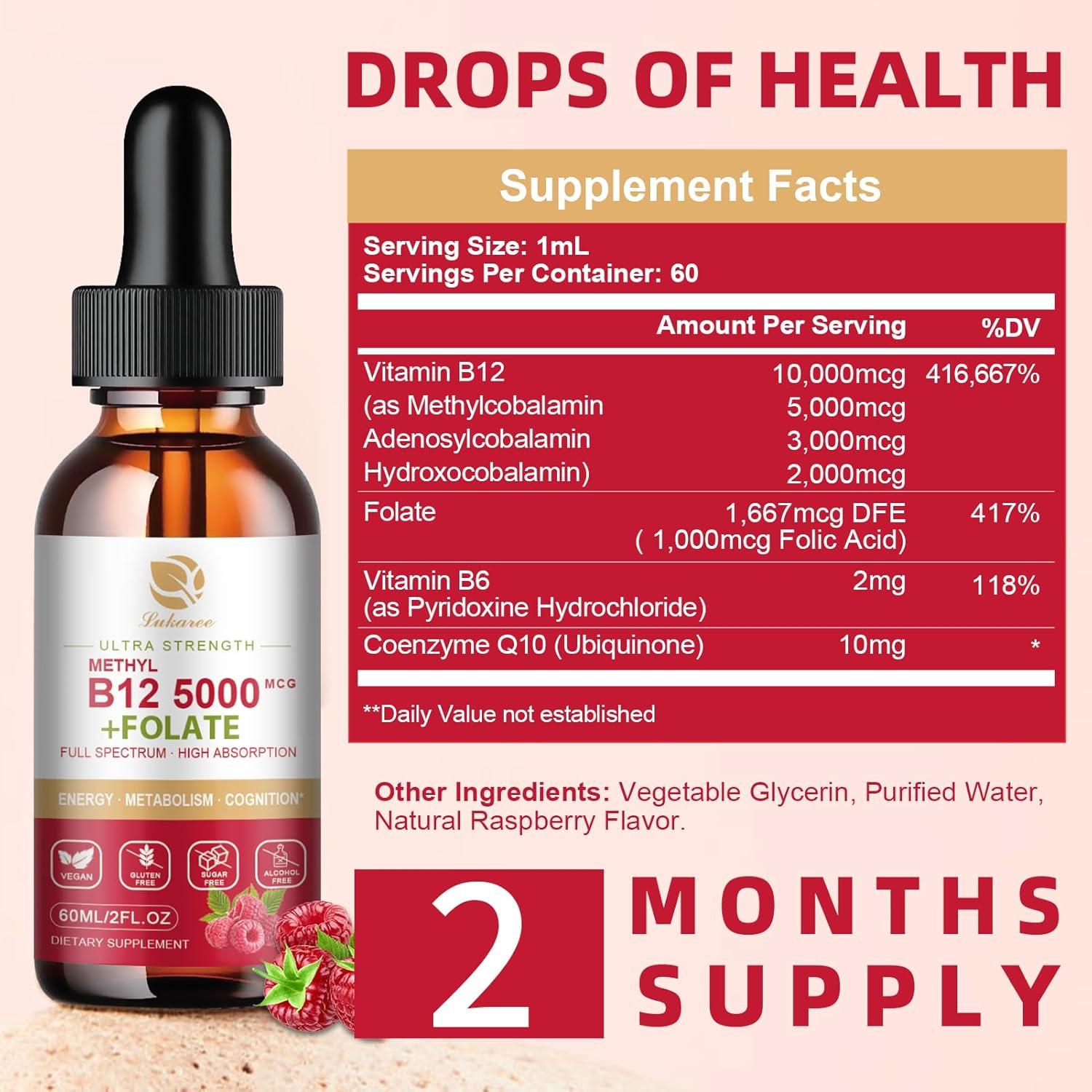 Lukaree Vitamin B12 Sublingual Drops Vegan B12 Vitamins Liquid-Full Spectrum-Methylcobalamin, Adenosyl & Hydroxy B12, for Energy, Focus, Mood & Immune Support- 2 Month Supply, 2 fl oz