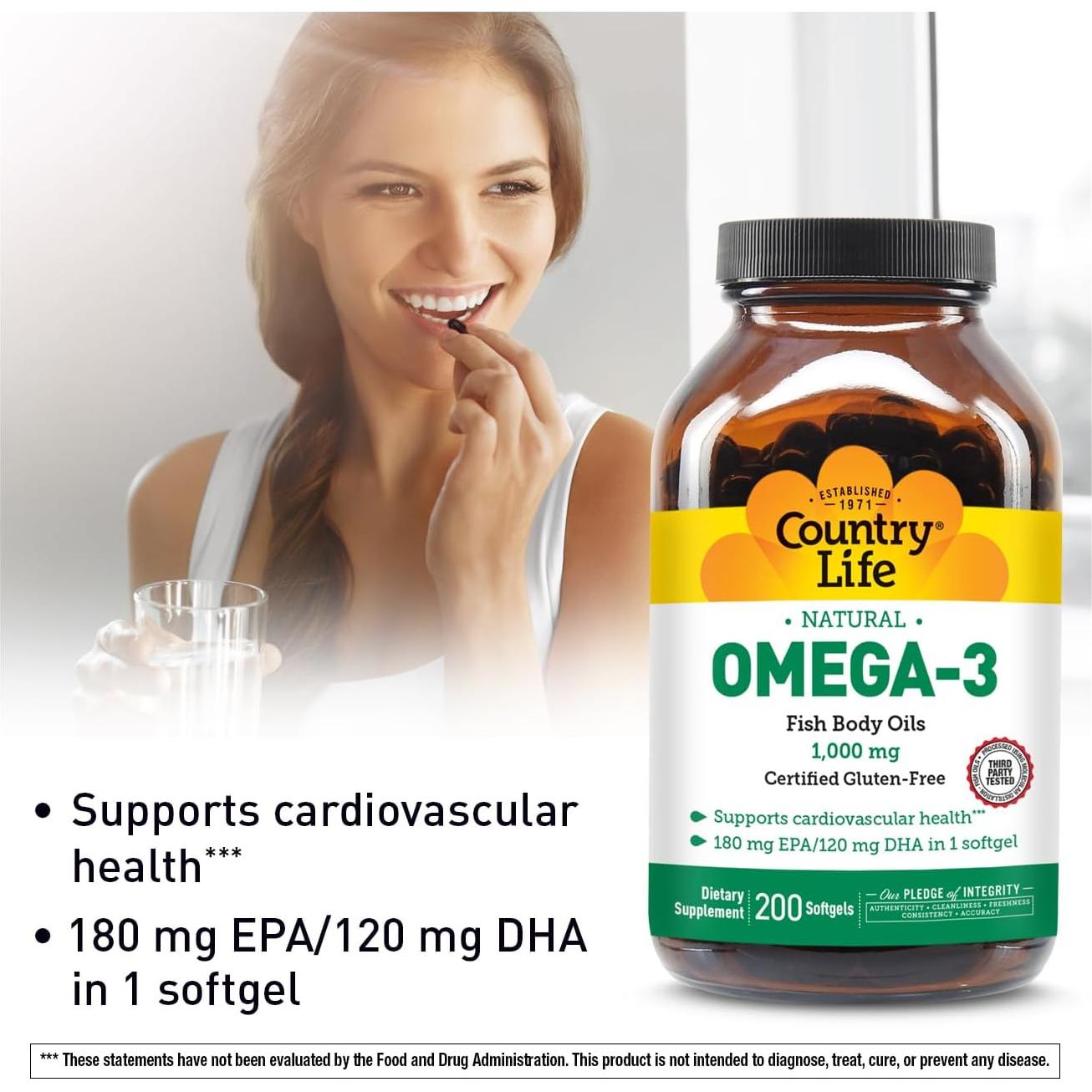 Suplemento Omega-3 Country Life 1000mg 200 Gelatinas Blandas